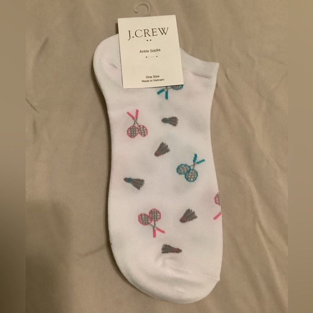 J. Crew White Socks with Pink and Blue Tennis Design